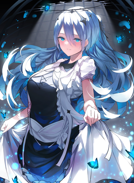 Anime picture 2200x3000 with original w (w64851564) single long hair tall image blush fringe highres smile hair between eyes blue hair looking away ponytail girl dress insect butterfly halo
