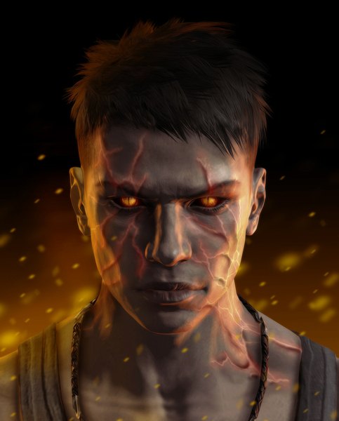 Anime picture 1649x2048 with devil may cry dante (devil may cry) tagme (artist) single tall image looking at viewer highres short hair black hair lips realistic orange eyes glowing portrait glowing eye (eyes) boy