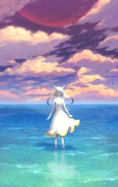 Anime picture 760x1200 with original hiko (scape) single long hair tall image looking at viewer blush open mouth blue eyes blonde hair smile standing twintails full body barefoot wind night shadow night sky sleeveless