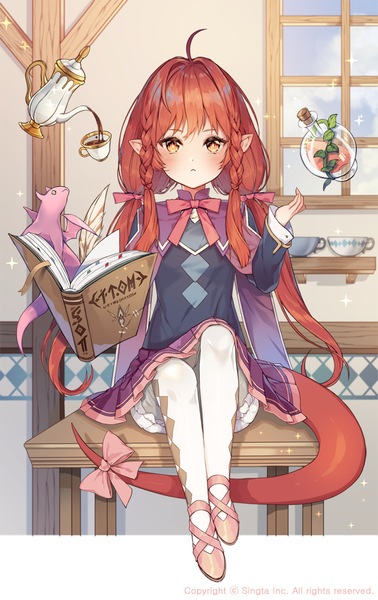 Anime picture 600x953 with sid story salamander (sid story) laurelfalcon single long hair tall image looking at viewer blush fringe sitting twintails payot full body ahoge red hair indoors tail braid (braids) pleated skirt arm up