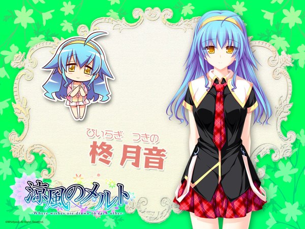 Anime picture 1600x1200 with suzukaze no melt hiiragi tsukino tenmaso yellow eyes blue hair ahoge chibi girl serafuku hairband