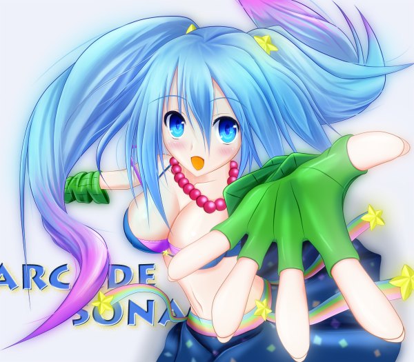 Anime picture 1200x1050 with league of legends sona buvelle arcade sona (league of legends) zepros0 long hair blush breasts open mouth blue eyes light erotic twintails blue hair multicolored hair character names girl hair ornament fingerless gloves star (symbol) beads star hair ornament