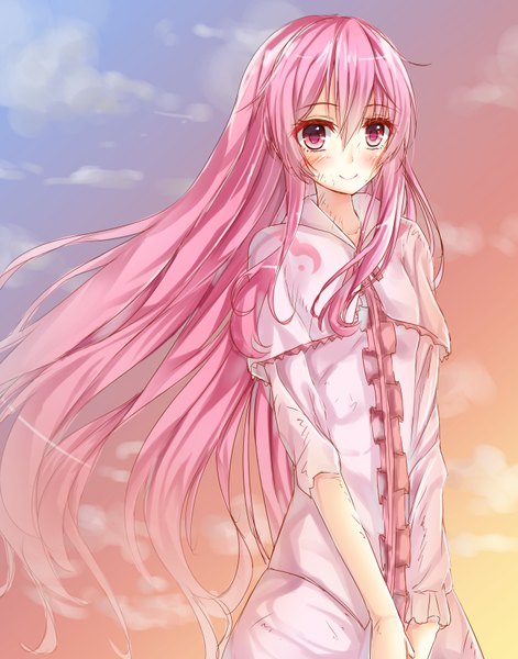 Anime picture 688x875 with akame ga kill! white fox mine (akame ga kill!) hypertan single long hair tall image looking at viewer blush fringe smile hair between eyes standing pink hair sky cloud (clouds) pink eyes wind torn clothes alternate hairstyle