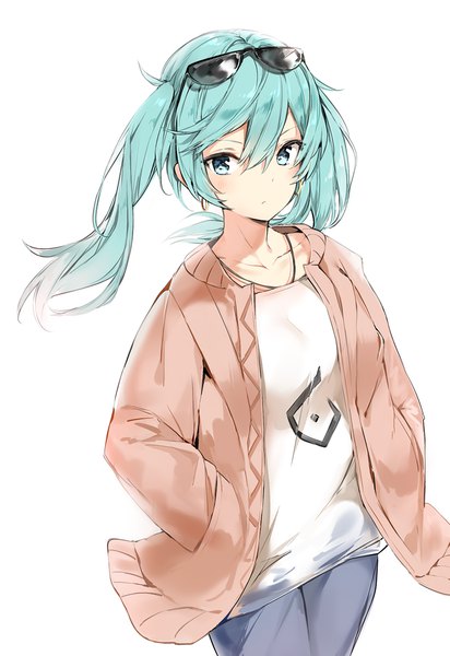 Anime-Bild 1100x1600 mit vocaloid suna no wakusei (vocaloid) hatsune miku silver (chenwen) single long hair tall image looking at viewer blush fringe simple background hair between eyes white background twintails long sleeves aqua eyes wind aqua hair open jacket sunglasses on head