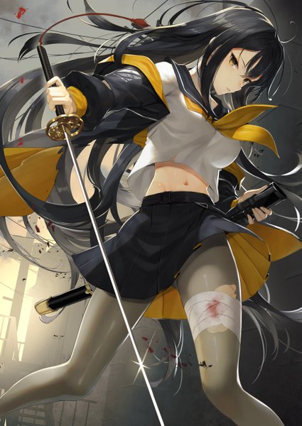 Anime picture 923x1302 with original scottie (phantom2) single long hair tall image looking at viewer blush fringe breasts black hair hair between eyes standing holding yellow eyes payot ahoge long sleeves parted lips pleated skirt off shoulder