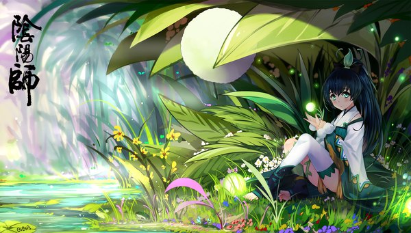 Anime picture 2109x1200 with onmyoji ying grass bba1985 single long hair looking at viewer blush fringe highres light erotic black hair hair between eyes wide image sitting signed full body bent knee (knees) ponytail traditional clothes japanese clothes