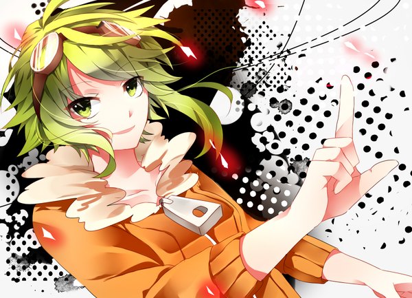 Anime picture 1800x1300 with vocaloid life reset button (vocaloid) gumi hibiya single looking at viewer highres short hair green eyes green hair wind wallpaper girl sweater goggles