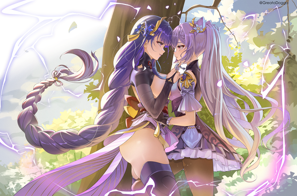 Anime picture 2906x1919 with genshin impact raiden shogun keqing (genshin impact) greatodoggo long hair fringe highres breasts light erotic large breasts purple eyes twintails multiple girls signed sky purple hair cloud (clouds) outdoors ass braid (braids)