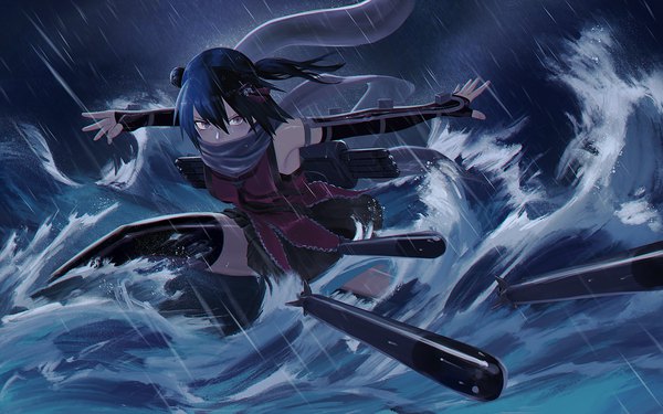 Anime picture 1600x1000 with kantai collection sendai light cruiser yue (tada no saboten) single long hair looking at viewer fringe hair between eyes twintails bare shoulders brown eyes payot blue hair outdoors pleated skirt wind night night sky spread arms rain