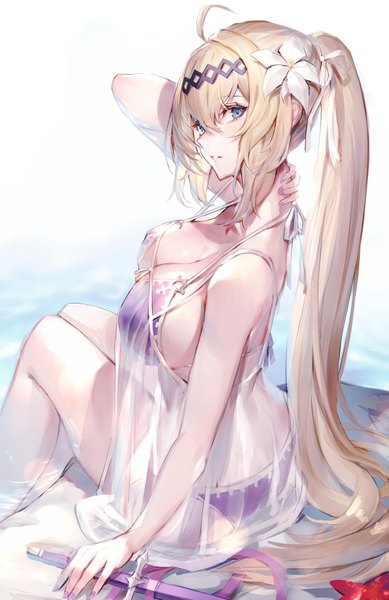 Anime picture 1309x2019 with granblue fantasy jeanne d'arc (granblue fantasy) watao single long hair tall image looking at viewer blush fringe breasts blue eyes light erotic blonde hair hair between eyes large breasts sitting holding payot cleavage bent knee (knees)