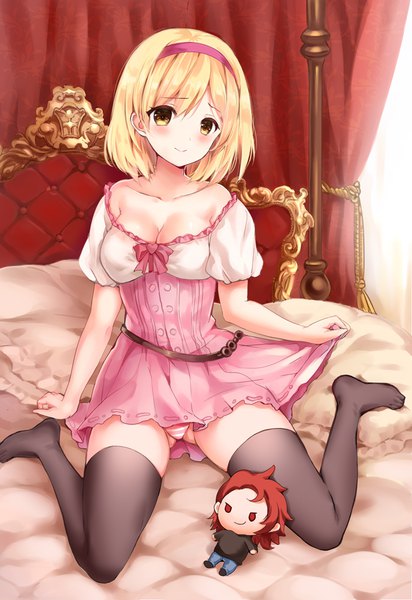 Anime picture 688x1000 with granblue fantasy gita (granblue fantasy) percival (granblue fantasy) mafuyu single tall image looking at viewer blush fringe short hair breasts light erotic blonde hair smile sitting yellow eyes payot cleavage indoors head tilt
