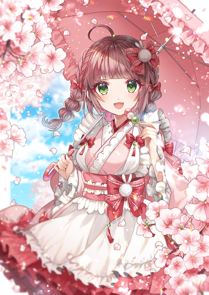 Anime picture 1000x1412 with original shione (memento forest) single long hair tall image looking at viewer fringe open mouth brown hair green eyes sky cloud (clouds) ahoge outdoors blunt bangs braid (braids) :d twin braids cherry blossoms spring