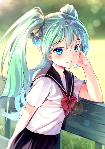 Anime picture 868x1228 with vocaloid hatsune miku yan (nicknikg) single tall image looking at viewer blush fringe blue eyes hair between eyes standing twintails payot outdoors pleated skirt blurry aqua hair short sleeves depth of field lens flare