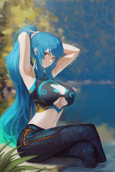 Anime picture 1600x2400 with original cool4noodle single long hair tall image looking at viewer fringe breasts light erotic red eyes large breasts sitting payot blue hair cleavage outdoors ponytail blurry arms up armpit (armpits)