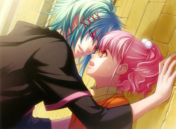 Anime picture 3370x2481 with wand of fortune wand of fortune 2 idea factory lulu (wand of fortune) alvaro garay highres short hair open mouth red eyes pink hair absurdres pink eyes couple girl boy