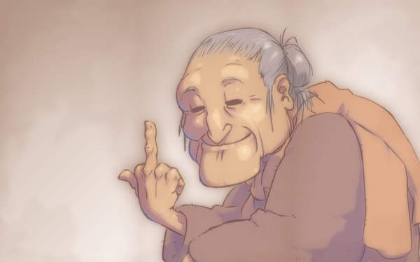 Anime picture 1920x1200 with original john su single highres short hair simple background smile wide image grey hair wallpaper middle finger humor old woman hands