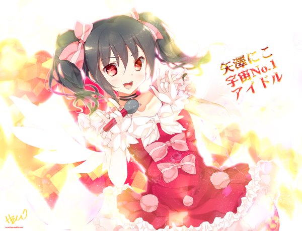 Anime picture 1300x997 with love live! school idol project sunrise (studio) love live! yazawa nico heco (mama) single long hair looking at viewer open mouth black hair red eyes twintails mmm girl dress bow hair bow frills microphone idol