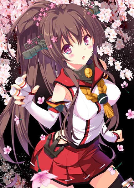Anime picture 650x912 with kantai collection yamato super battleship takanashi haruto single long hair tall image blush brown hair ponytail parted lips pink eyes hair flower cherry blossoms girl thighhighs skirt hair ornament flower (flowers) black thighhighs plant (plants)