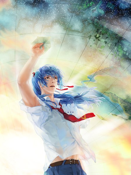 Anime picture 1200x1600 with macross macross frontier saotome alto jane mere single long hair tall image yellow eyes blue hair ponytail realistic space boy shirt necktie belt star (stars) paper airplane