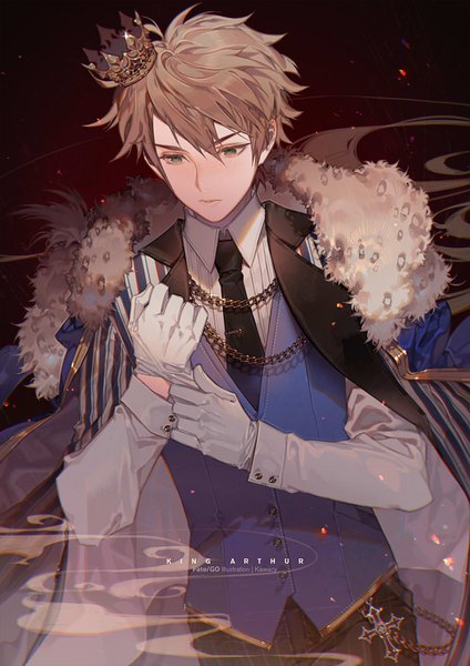 Anime-Bild 723x1024 mit fate (series) fate/grand order fate/prototype arthur pendragon (fate) kawacy single tall image fringe short hair hair between eyes brown hair green eyes upper body inscription sparkle copyright name fur trim character names text looking down