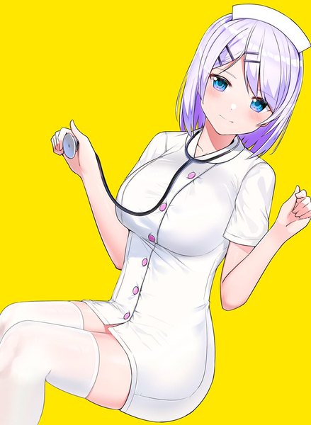 Anime picture 750x1024 with original suzuharu toufu single tall image looking at viewer blush fringe short hair breasts blue eyes simple background smile large breasts sitting holding purple hair arms up short sleeves dutch angle yellow background