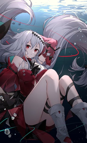 Anime picture 1504x2464 with arknights skadi (arknights) skadi the corrupting heart (arknights) ciyuan zhi xi single tall image looking at viewer fringe light erotic hair between eyes red eyes very long hair grey hair official alternate costume underwater girl dress detached sleeves red dress