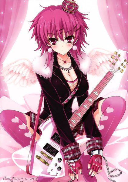 Anime picture 2462x3500 with kawamura hiroki tall image blush highres short hair pink hair nail polish pink eyes heart print girl thighhighs gloves wings heart fingerless gloves jewelry crown musical instrument guitar