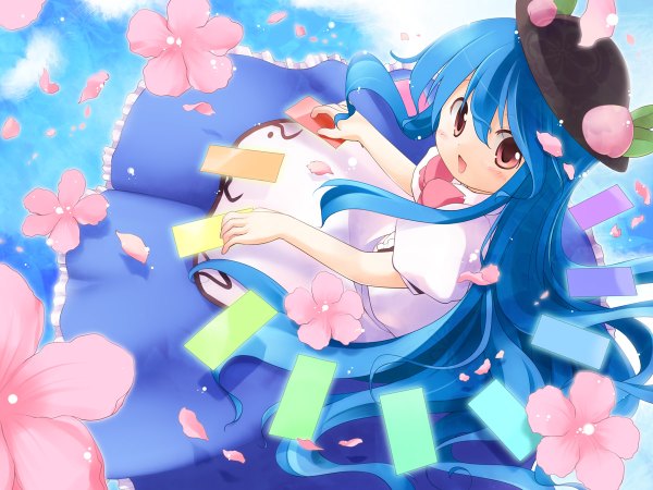 Anime picture 1200x900 with touhou hinanawi tenshi blue hair loli girl flower (flowers) petals