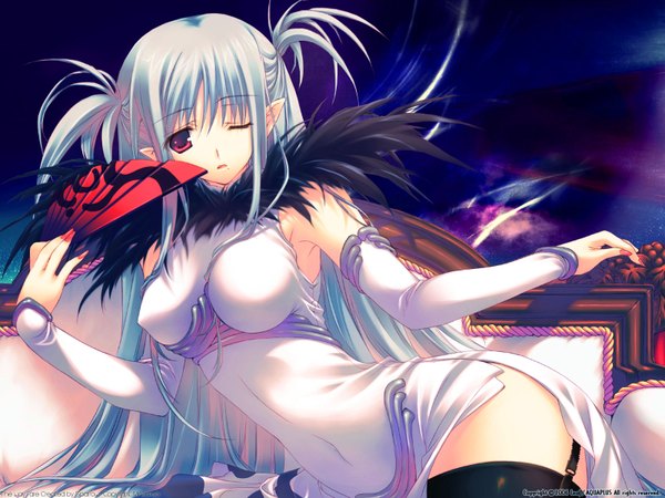 Anime picture 1600x1200 with fullani raphael (fullani) single long hair open mouth light erotic red eyes silver hair one eye closed wink girl thighhighs dress fan