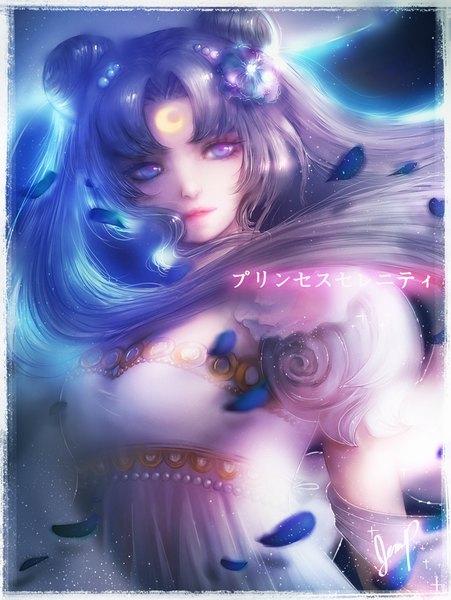 Anime picture 677x900 with bishoujo senshi sailor moon toei animation tsukino usagi princess serenity xhilia7 single long hair tall image purple eyes twintails signed looking away silver hair upper body wind hair bun (hair buns) character names framed forehead mark girl
