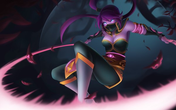 Anime picture 1920x1200 with dota 2 (game) templar assasin (dota 2) emitan single long hair fringe highres breasts blue eyes purple hair bent knee (knees) ponytail pointy ears girl mask clothes