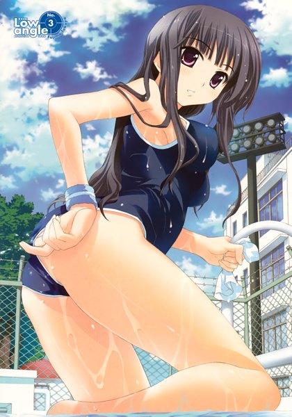 Anime picture 2113x3021 with fujima takuya long hair tall image highres light erotic black hair purple eyes ass looking back inscription wet girl swimsuit one-piece swimsuit school swimsuit wristlet