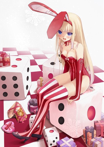 Anime picture 1061x1500 with spirtie long hair tall image blush open mouth blue eyes light erotic blonde hair bunny ears bunny girl checkered floor girl thighhighs gloves elbow gloves striped thighhighs gift dice cube