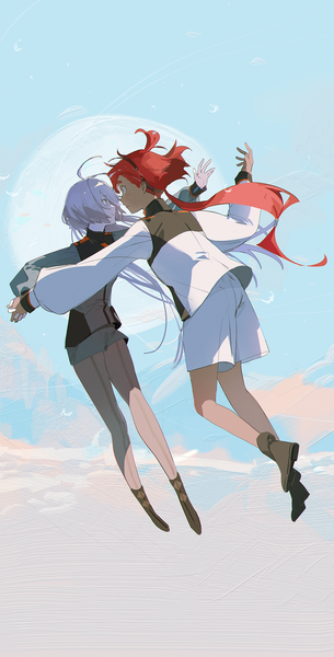 Anime picture 1160x2282 with mobile suit gundam gundam suisei no majo sunrise (studio) suletta mercury miorine rembran sabet (young ouo) long hair tall image multiple girls looking away silver hair full body ahoge red hair low ponytail shoujo ai face to face midair girl uniform