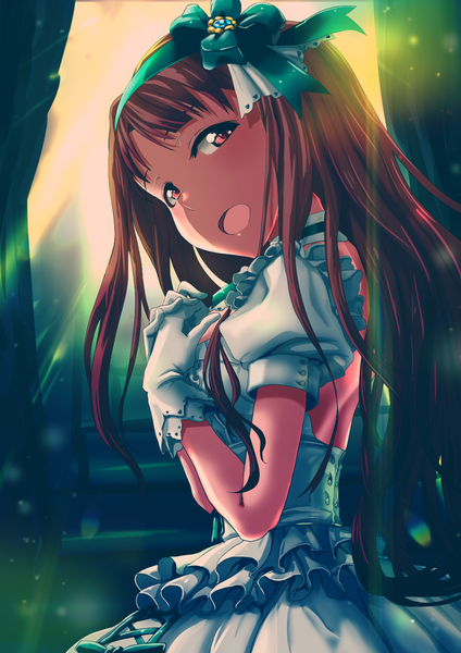 Anime picture 1060x1500 with idolmaster idolmaster million live! tanaka kotoha ru n p single long hair tall image looking at viewer open mouth red eyes brown hair girl dress gloves hair ornament frills white gloves