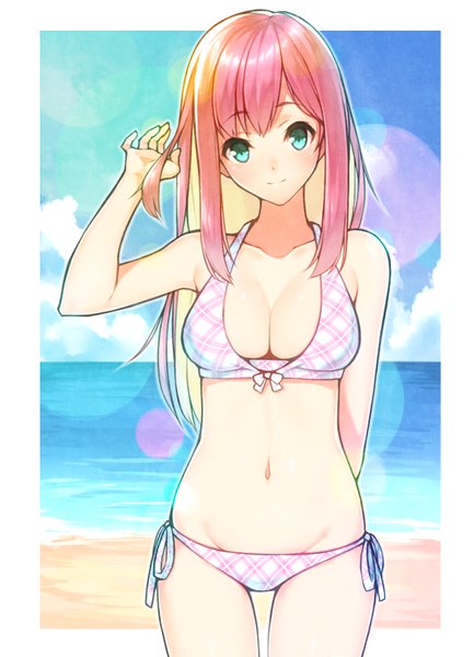 Anime picture 650x900 with original uyu (keyakinoki) single long hair tall image looking at viewer blush fringe breasts blue eyes light erotic blonde hair smile large breasts pink hair sky cloud (clouds) multicolored hair arm up sunlight