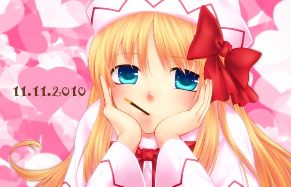Anime picture 1400x900 with touhou lily white nonotan (artist) long hair blue eyes blonde hair mouth hold pocky day incoming pocky kiss girl bow hair bow hat food sweets pocky