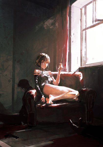 Anime picture 1800x2565 with spy x family yor briar dino (dinoartforame) single tall image highres short hair black hair red eyes sitting full body indoors barefoot bare legs girl weapon window armchair corpse