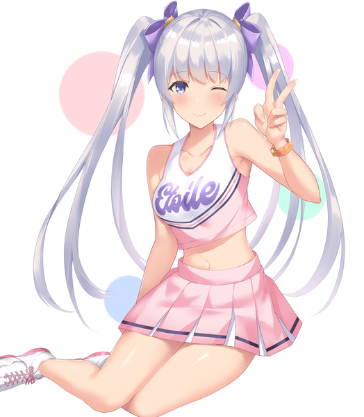 Anime picture 1481x1696 with original caburi cat single long hair tall image looking at viewer blush fringe blue eyes simple background smile white background sitting twintails bare shoulders payot silver hair blunt bangs one eye closed arm up