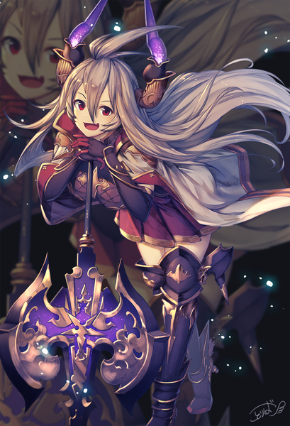 Anime picture 1022x1500 with granblue fantasy thalatha (granblue fantasy) kotoribako single long hair tall image looking at viewer fringe breasts open mouth smile hair between eyes red eyes standing signed ahoge pleated skirt horn (horns) grey hair fang (fangs)