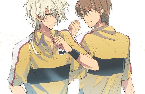 Anime picture 900x583 with prince of tennis niou masaharu yagyuu hiroshi nic (kevin) long hair short hair simple background brown hair white background yellow eyes looking away white hair mole multiple boys open collar boy uniform glasses 2 boys gym uniform