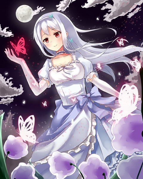 Anime picture 800x1000 with original warirui single long hair tall image smile red eyes sky cloud (clouds) white hair night sparkle glowing albino girl dress gloves hair ornament flower (flowers) bow