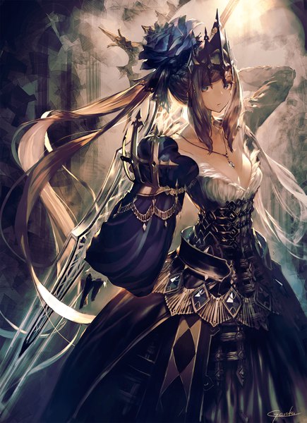 Anime-Bild 2349x3235 mit original garuku single tall image looking at viewer highres breasts large breasts signed cleavage ponytail very long hair arm up serious girl dress gloves hair ornament weapon armor