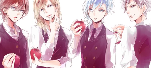 Anime picture 2426x1104 with uta no prince-sama a-1 pictures mikaze ai kurosaki ranmaru kotobuki reiji camus long hair highres short hair blue eyes blonde hair simple background brown hair wide image white background holding blue hair silver hair pink eyes looking back