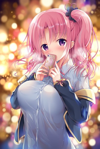 Anime picture 1200x1771 with original izumi kaori (twinbox) sousouman single long hair tall image looking at viewer blush fringe breasts light erotic large breasts standing purple eyes holding pink hair upper body fingernails blurry off shoulder