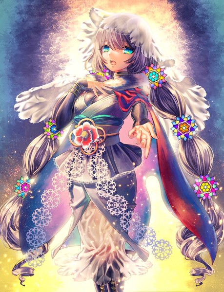 Anime picture 1000x1308 with original fuji minako single long hair tall image fringe open mouth blue eyes twintails grey hair sparkle alternate costume outstretched arm singing girl dress hair ornament bracelet belt fur