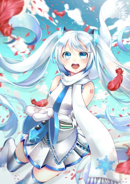 Anime picture 800x1132 with vocaloid hatsune miku yuki miku yuki miku (2011) maronie. single long hair tall image blush open mouth blue eyes smile twintails sky cloud (clouds) white hair :d pleated skirt snowing winter