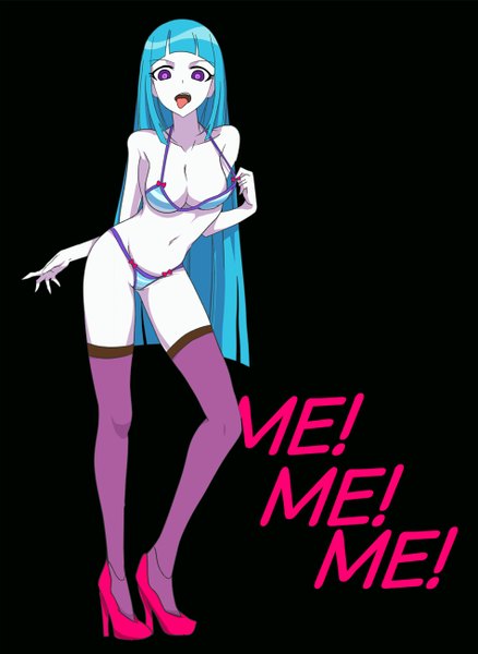 Anime picture 1899x2600 with me!me!me! meme (me!me!me!) rinine single long hair tall image looking at viewer highres breasts open mouth light erotic simple background purple eyes blue hair black background girl thighhighs navel swimsuit bikini