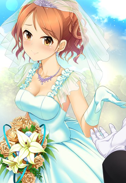 Anime picture 900x1300 with idolmaster idolmaster cinderella girls houjou karen kazu tall image looking at viewer blush fringe short hair breasts smile standing holding sky cleavage cloud (clouds) outdoors blurry happy wavy hair