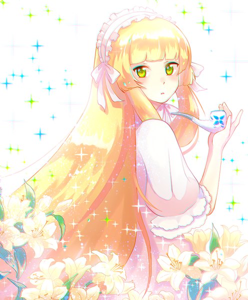 Anime picture 734x888 with gosick studio bones victorique de blois bele brave single long hair tall image looking at viewer blush fringe simple background blonde hair standing white background holding green eyes payot upper body blunt bangs wide sleeves